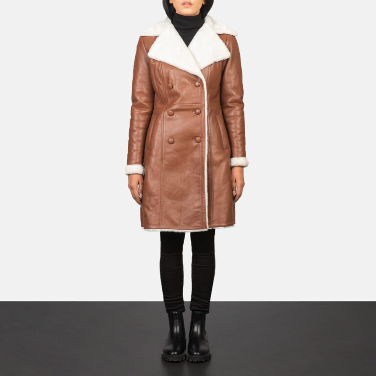 Womens Amie Brown Double Breasted Shearling Coat Full Length-2-1652199356269